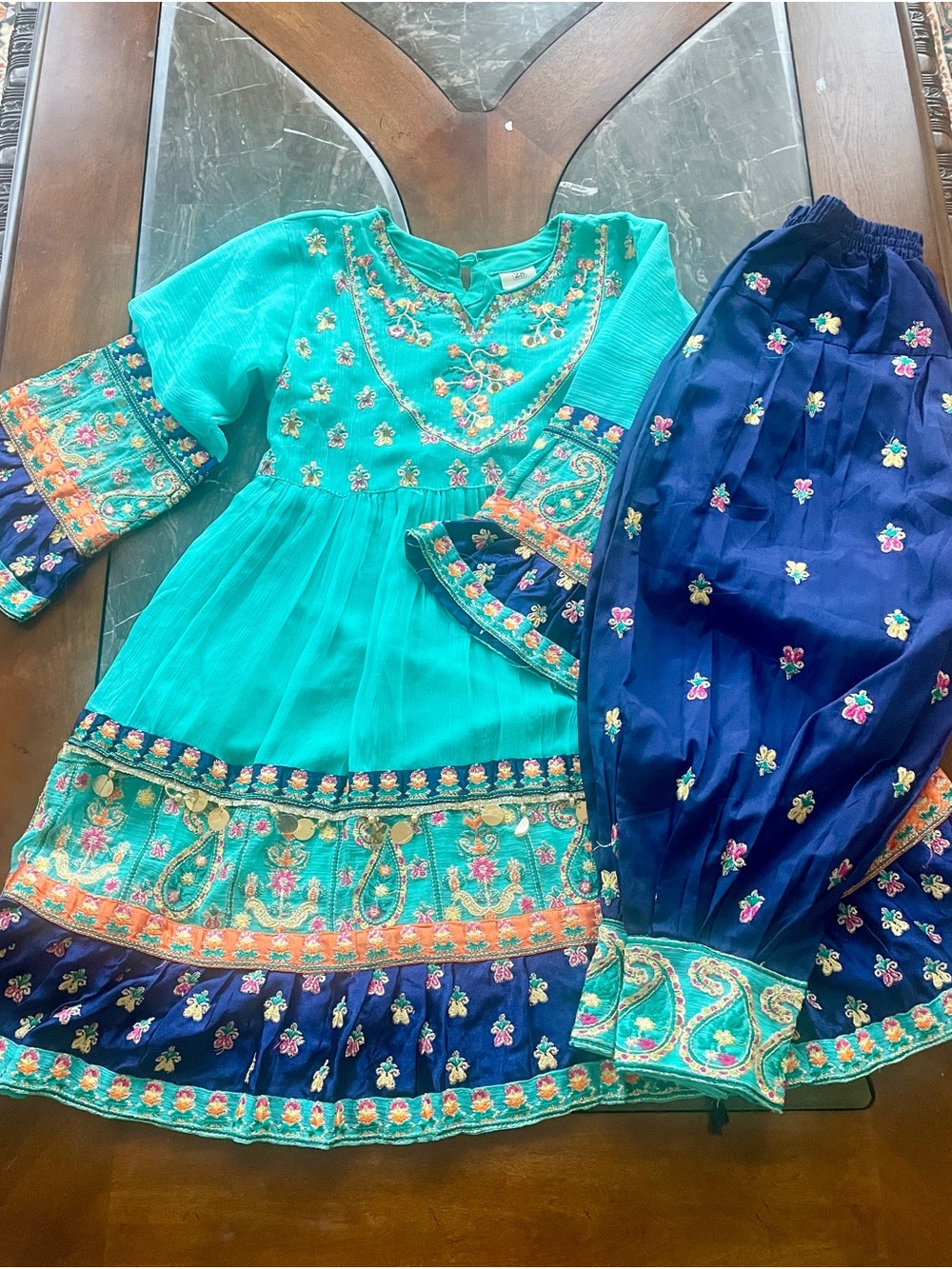 Girls' Teal & Navy Embroidered Party Dress